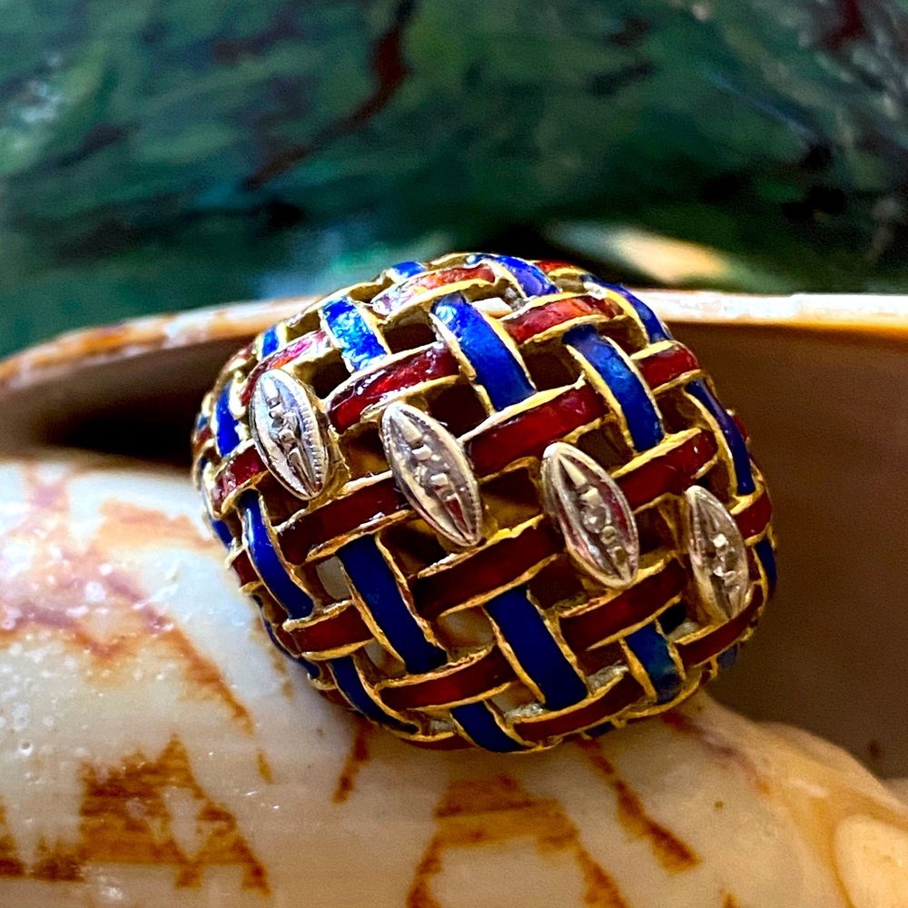 Vintage Enamel Gold Basket Ring 750 18kt